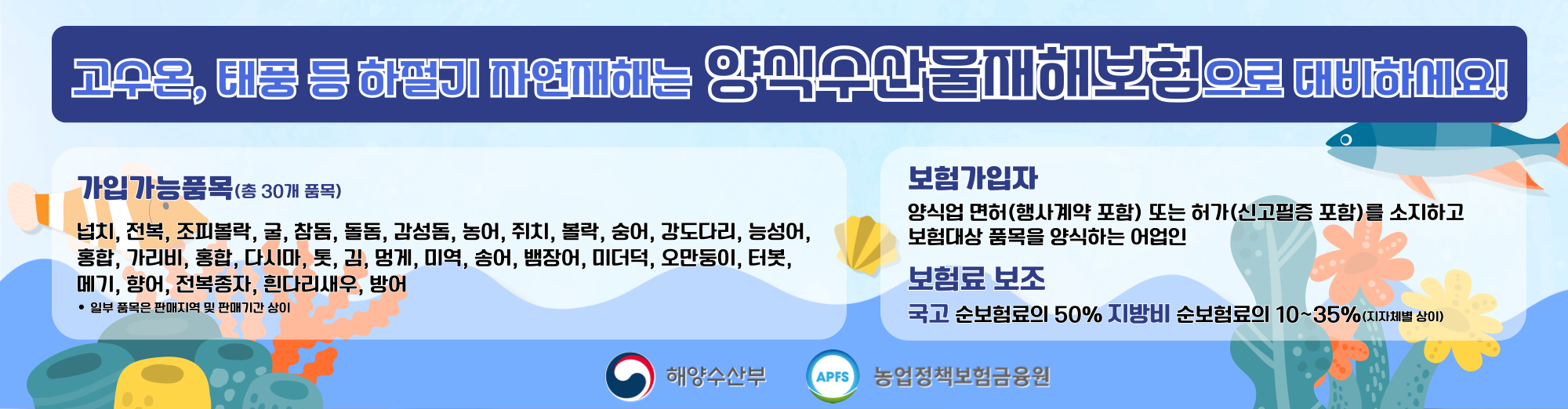 고수온, 태풍 등 하절기 자연재해는 양식수산물재해보험으로 대비하세요! 가입가능품목(총 30개 품목) 넙치, 전복, 조피볼락, 굴, 참돔, 돌돔, 감성돔, 농어, 쥐치, 볼락, 숭어, 강도다리, 능성어, 홍합, 가리비, 다시마, 톳, 김, 멍게, 미역, 송어, 뱀장어, 미더덕, 오만둥이, 터복, 메기, 향어, 전복종자, 흰다리새우, 방어, *일부 품목은 판매지역 및 판매기간 상이 보험가입자 양식업 면허(행사계약포함) 또는 허가(신고필증 포함)를 소지하고 보험대상 품목을 양식하는 어업인 보험료보조 국고 순보험료의 50% 지방비 순보험료의 10~30%(지차체별 상이) 해양수산수 농업정책보험금융원