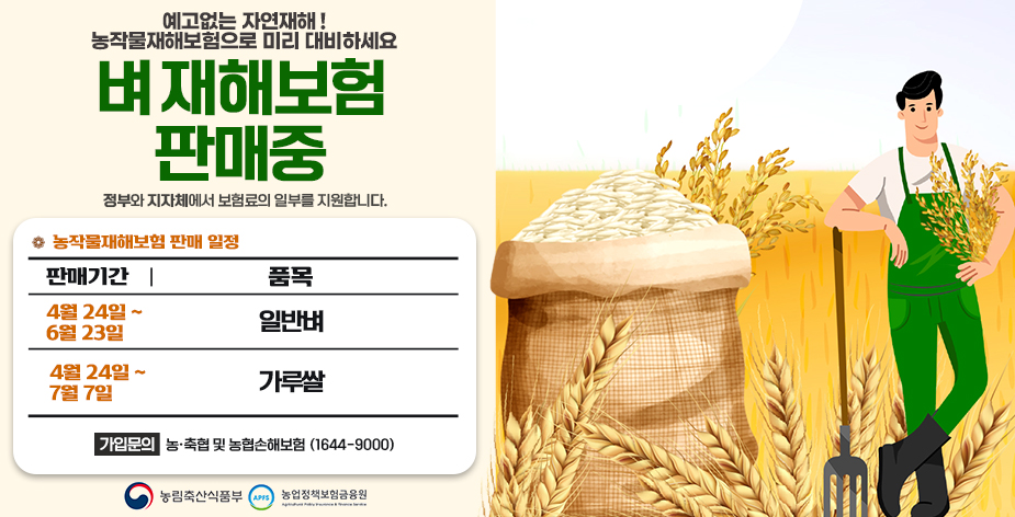 04. 24 ~ 07. 07 /예고없는 자연재해! 농작물재해보험으로 미리 대비하세요/벼 재해보험 판매중 정부와 지자체에서 보험료의 일부를 지원합니다.