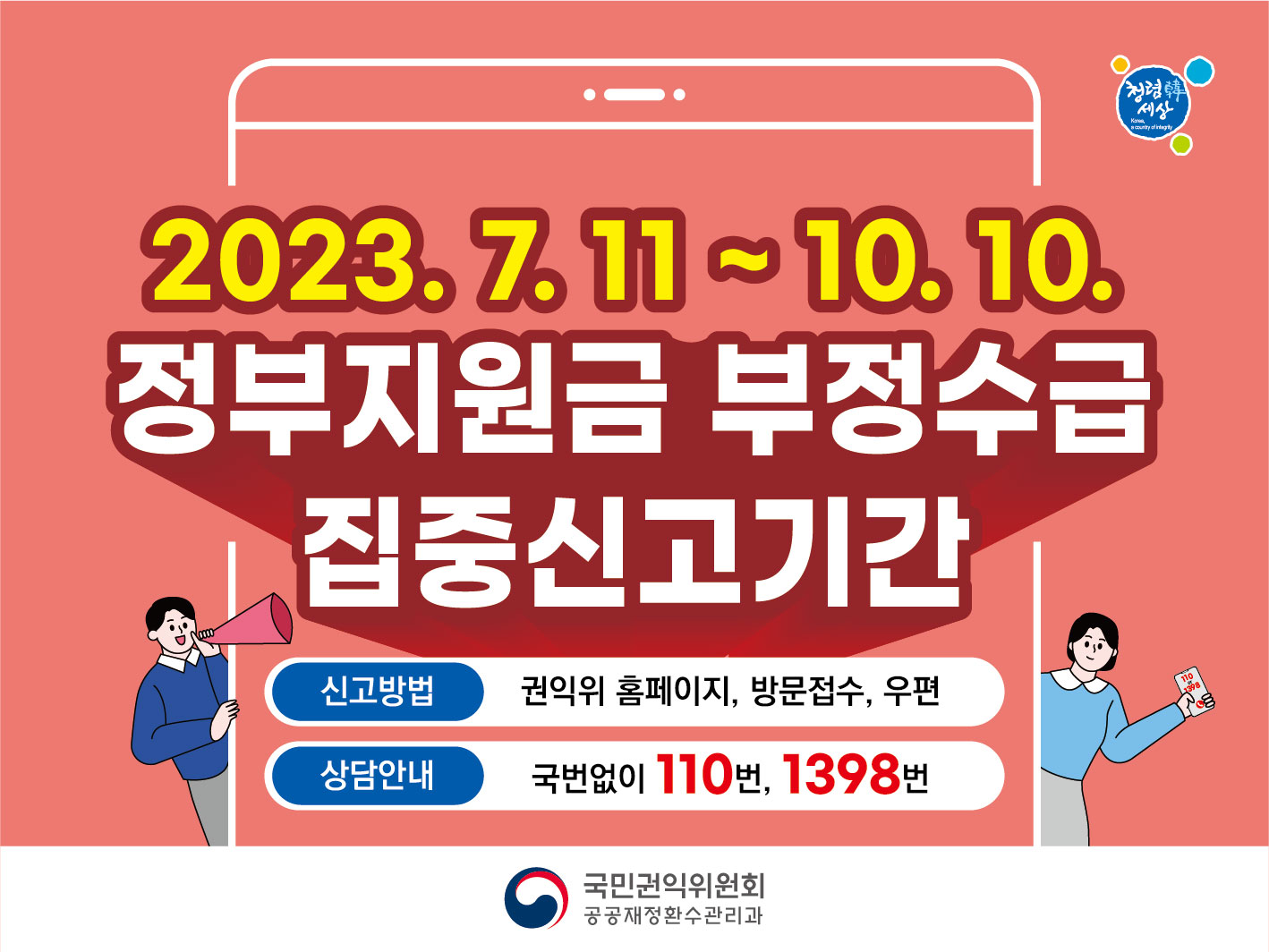 2023.7.11 ~ 2023.10.10. 정부지원금 부정수급 집중신고기간 신고방법 권익위 홈페이지, 방문접수, 우편 상담안내 국번없이 110번, 1398번