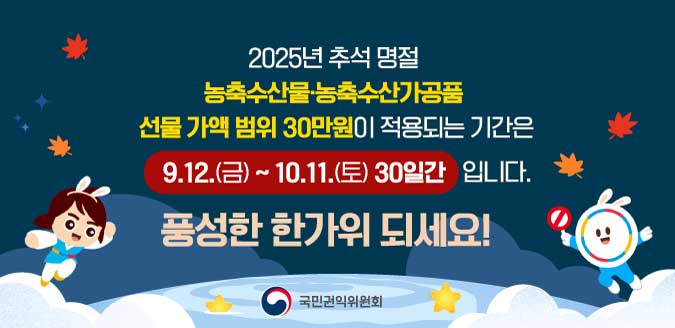 2025년 추석 명절 농축수산물 농축수산가공품 선물 가액 범위 30만원이 적용되는 기간은 9.12.(금)~10.11.(토) 30일간 입니다. 풍성한 한가위 되세요! 국민권익위원회